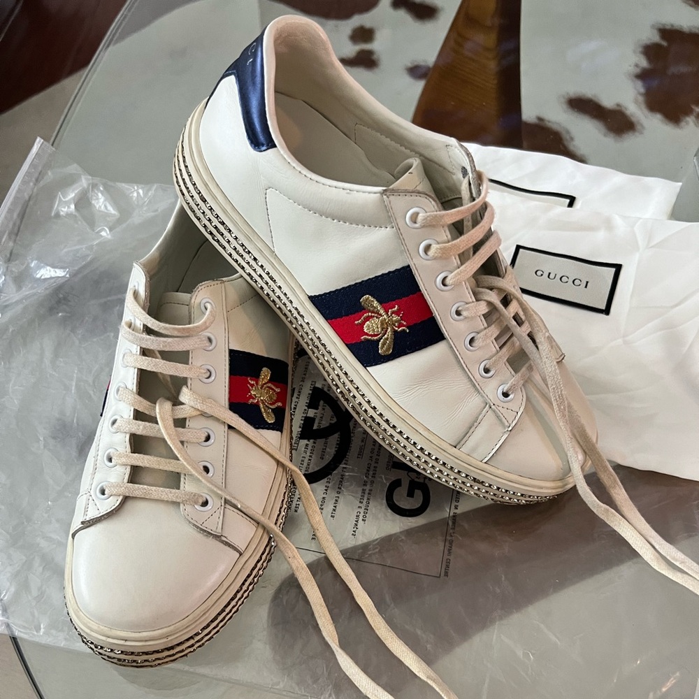 GUCCI Ace Bee Star Platform Sneakers with Crystals